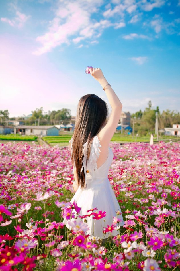 春暖花开时节花海里的清新女生