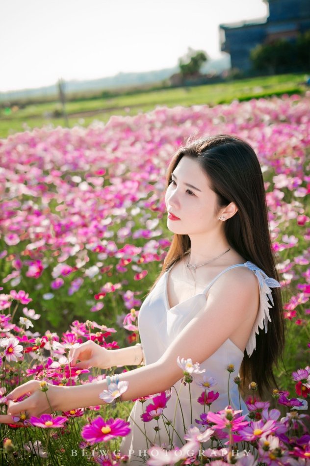 春暖花开时节花海里的清新女生